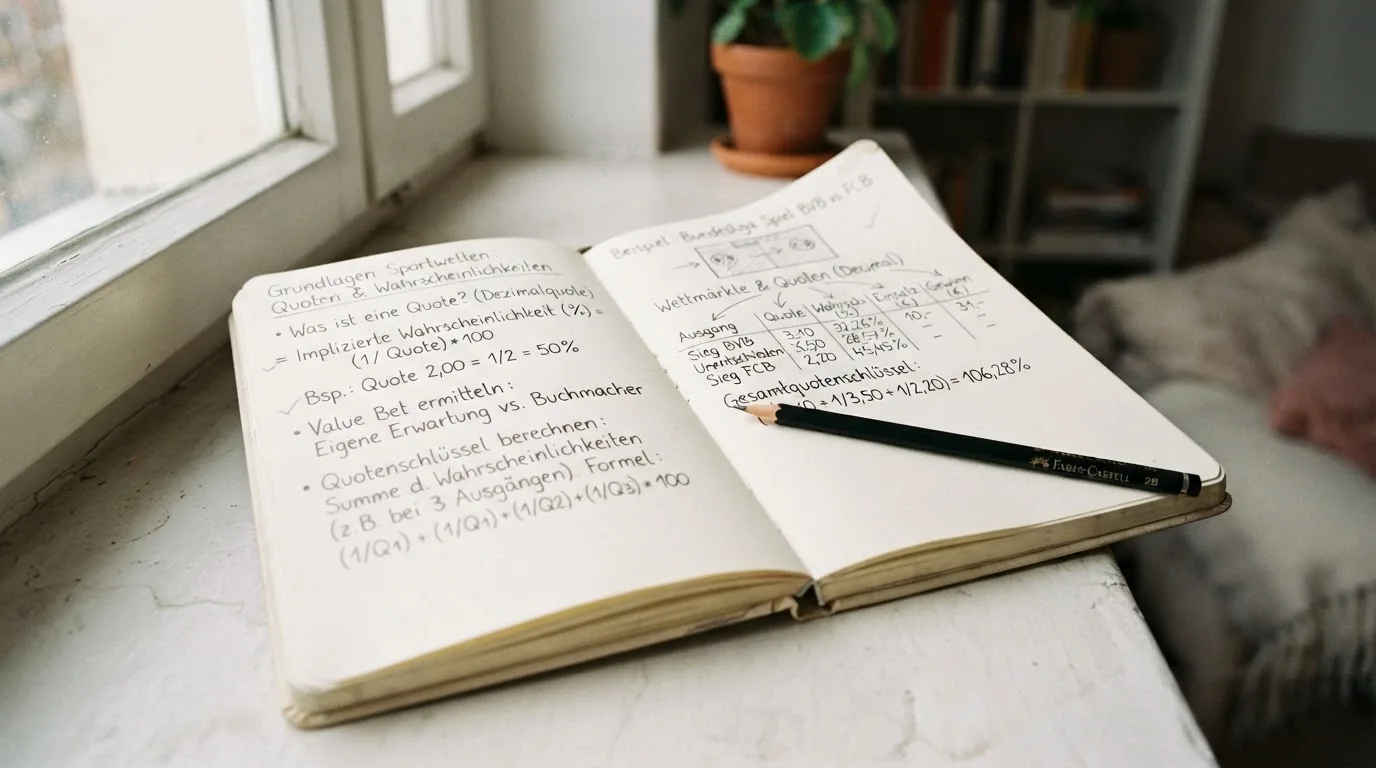 Ein aufgeschlagenes Notizbuch mit handschriftlichen Skizzen und ein Bleistift liegen auf einer Fensterbank im Tageslicht.