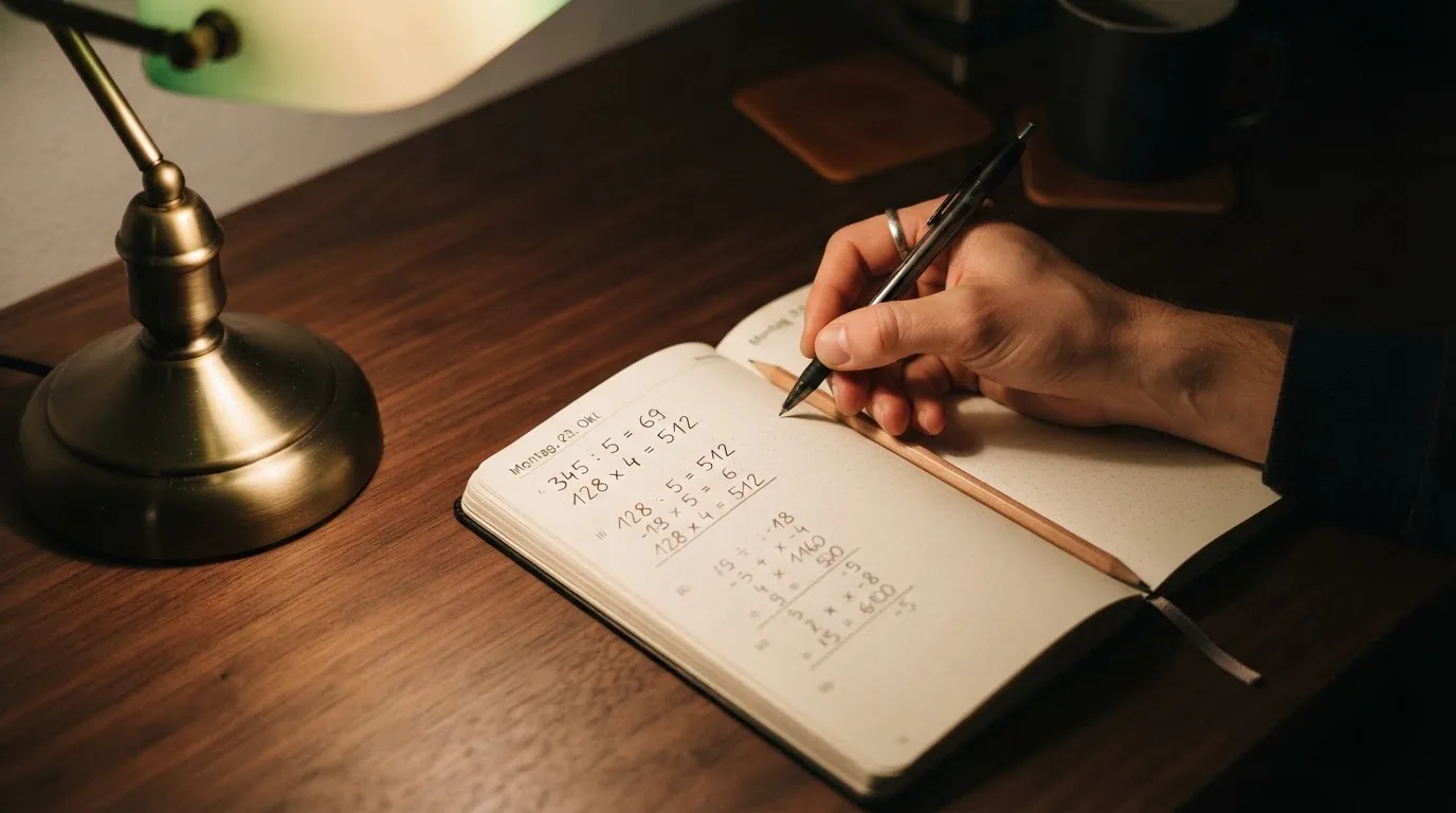 Ein Taschenrechner und ein Notizbuch mit handschriftlichen Zahlenreihen liegen auf einem Schreibtisch unter einer Lampe.