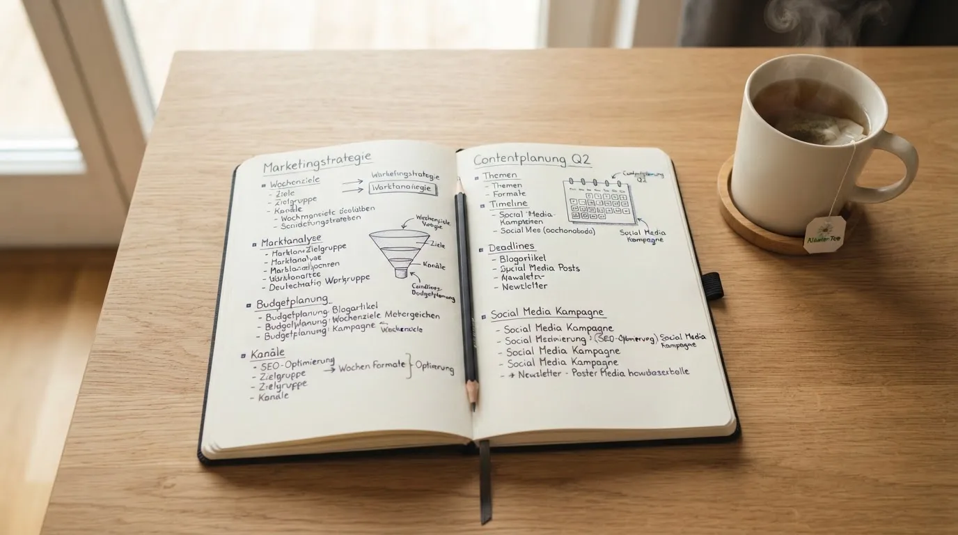 Ein aufgeschlagenes Notizbuch mit handschriftlichen Skizzen und ein Bleistift liegen auf einem Schreibtisch neben einer Tasse Tee.