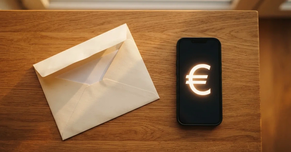 Ein leerer Umschlag und eine Münze liegen auf einer Tischplatte neben einem Smartphone mit dunklem Display.
