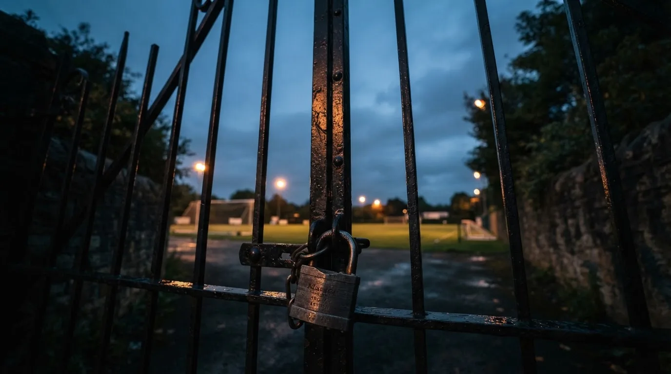 Ein Vorhängeschloss hängt an einem Metalltor in der Dämmerung, im Hintergrund unscharf ein Fußballplatz.