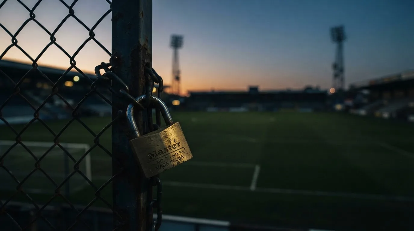 Ein Vorhängeschloss hängt an einem Metalltor in der Dämmerung, im Hintergrund unscharf ein leerer Fußballplatz.