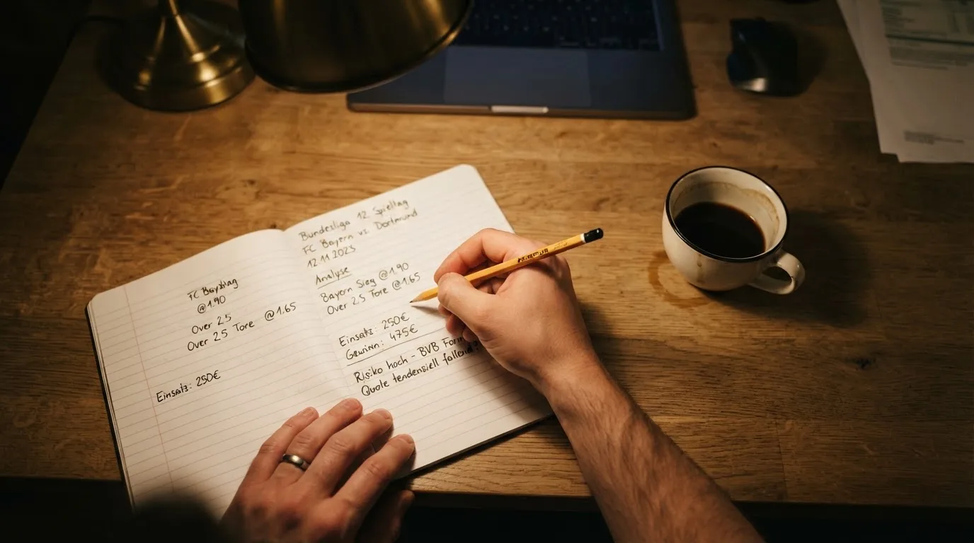 Ein Taschenrechner und ein Bleistift liegen auf einem Schreibtisch neben einer Tasse Kaffee im Licht einer Lampe.