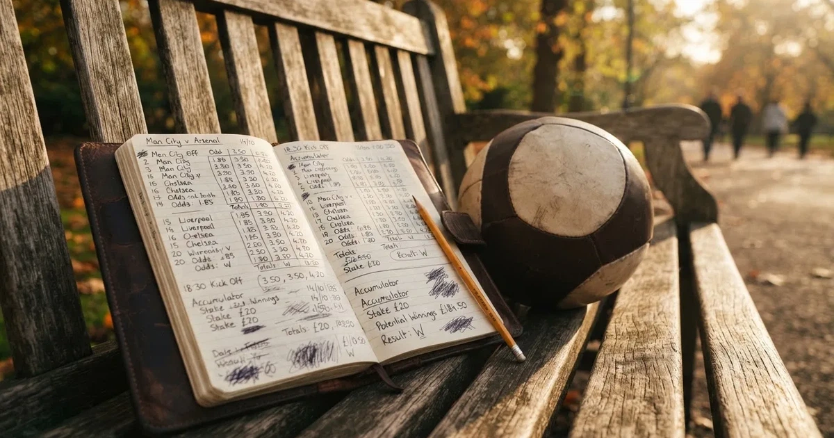 Ein Notizbuch mit handschriftlichen Zahlenkolonnen und ein Bleistift liegen neben einem Fußball auf einer Holzbank.