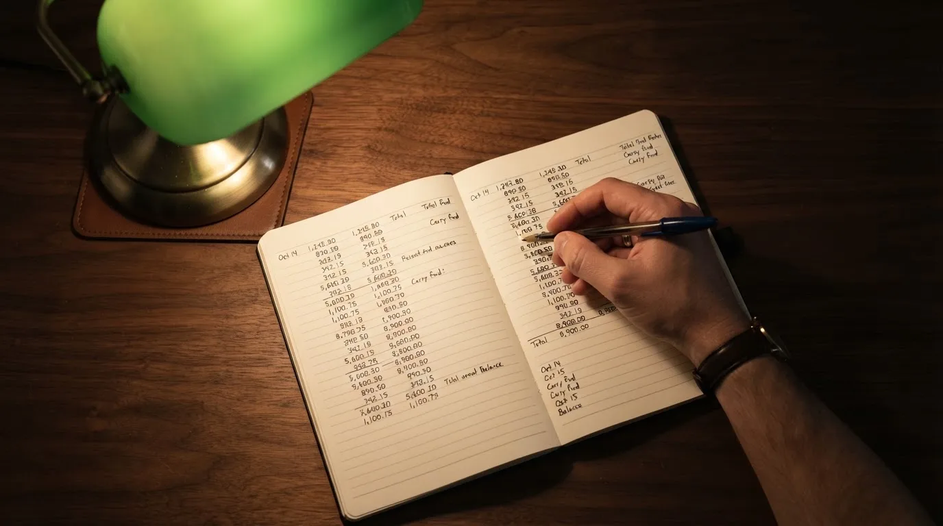 Ein Taschenrechner und ein aufgeschlagenes Notizbuch mit handschriftlichen Zahlenreihen liegen unter einer Schreibtischlampe.