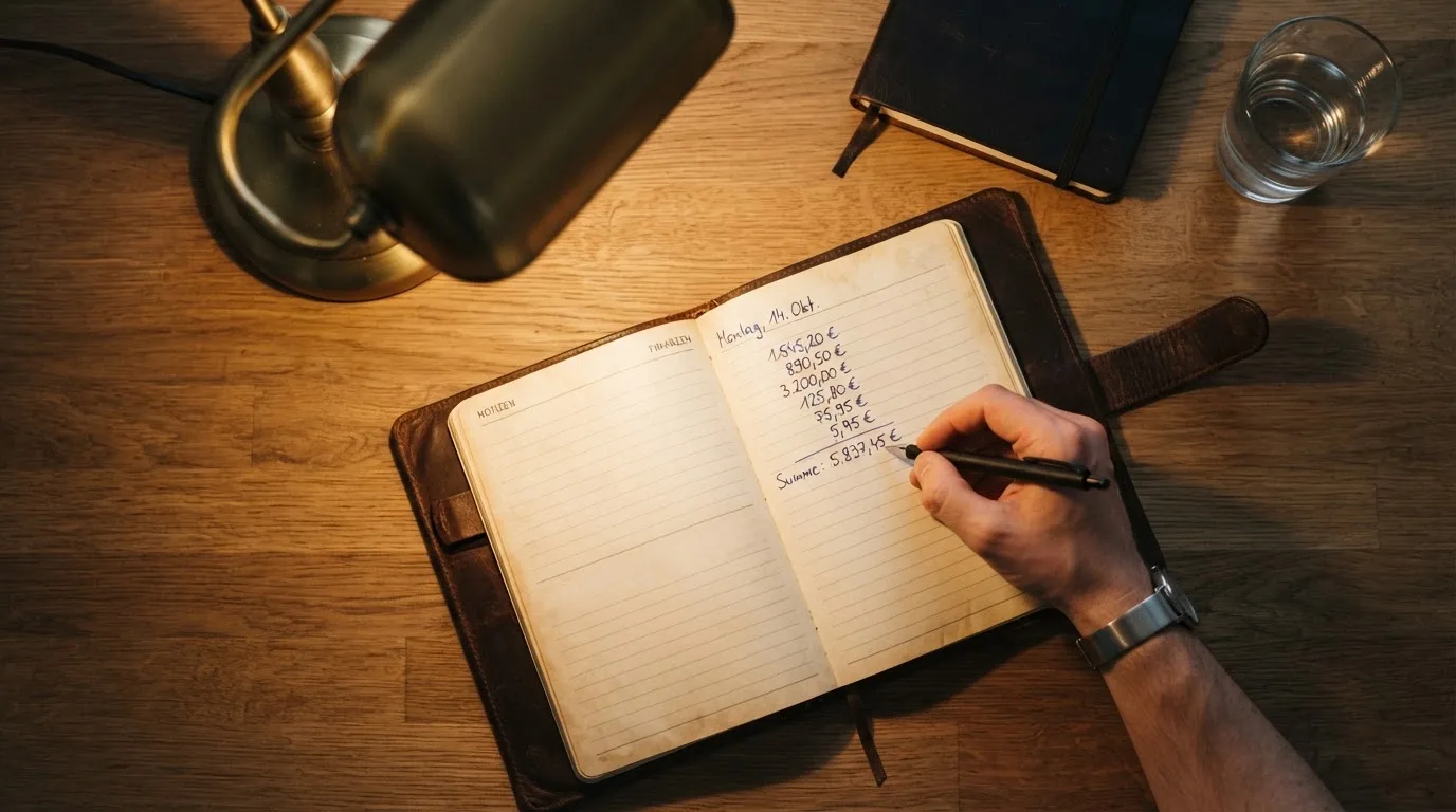 Ein Taschenrechner und ein aufgeschlagenes Notizbuch mit handschriftlichen Zahlenreihen liegen unter einer Schreibtischlampe.