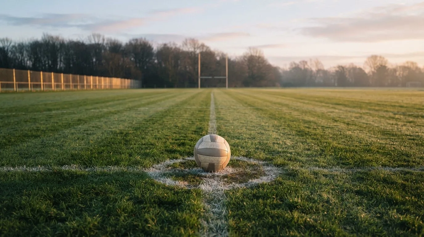 Ein Fußball liegt allein auf dem Anstoßpunkt eines leeren Rasenplatzes im Morgenlicht, am Rand ein niedriger Zaun.