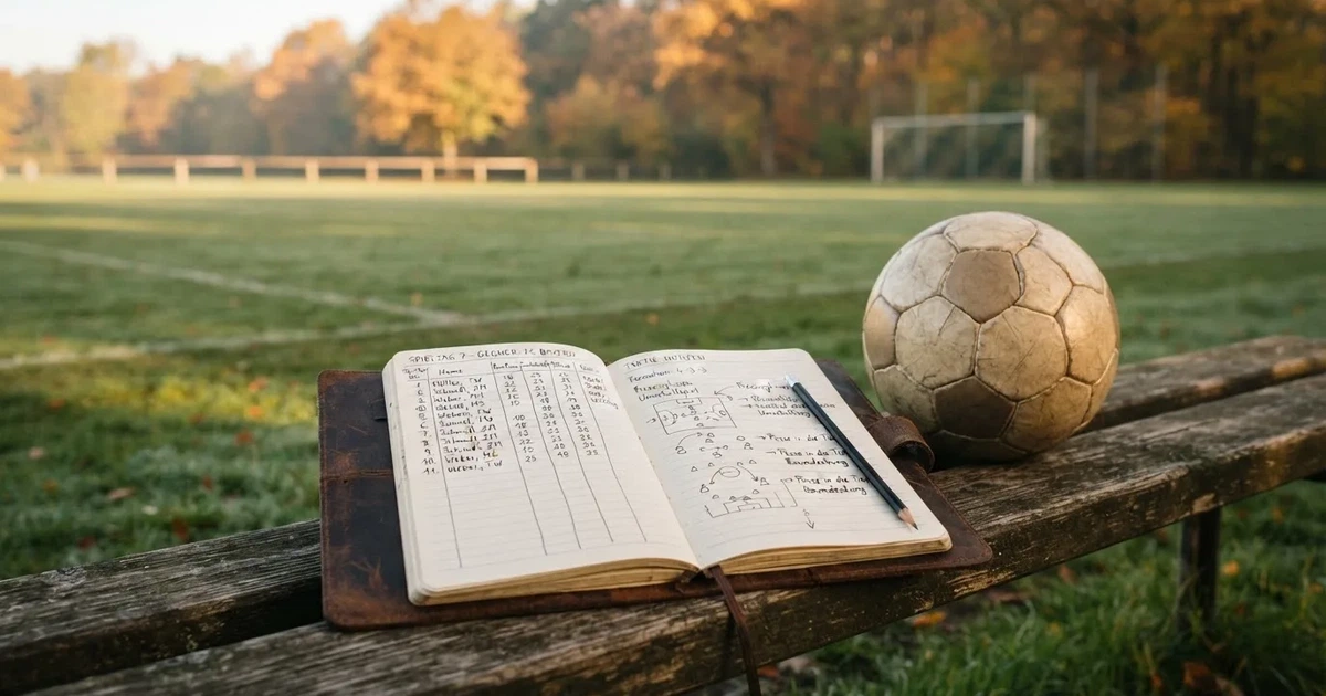 Ein Notizbuch mit handschriftlichen Zahlenkolonnen und ein Bleistift liegen neben einem Fußball auf einer Holzbank.