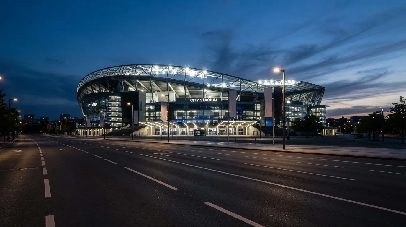 Ein Stadion unter Flutlicht aus der Ferne gesehen, davor eine leere Straße in der Abenddämmerung mit leichtem Dunst.