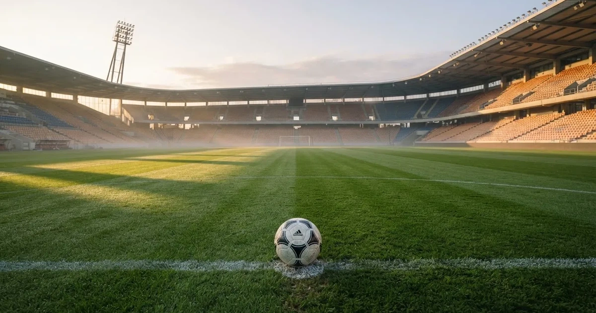 Ein Fußball liegt auf dem Anstoßpunkt eines Rasenplatzes, dahinter leere Tribünen im Licht des frühen Morgens.