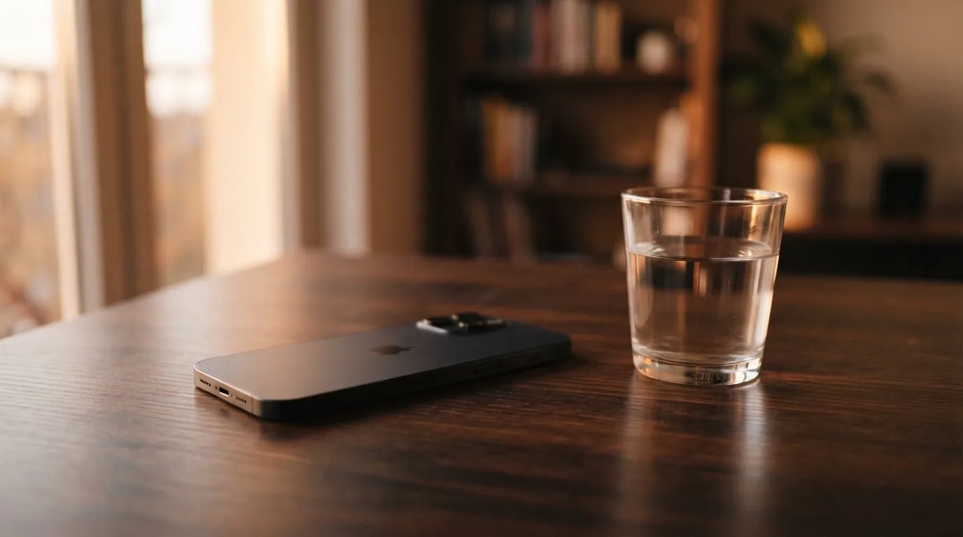 Ein Smartphone liegt mit dem Display nach unten auf einem Holztisch neben einem Glas Wasser, Abendlicht fällt durch ein Fenster.