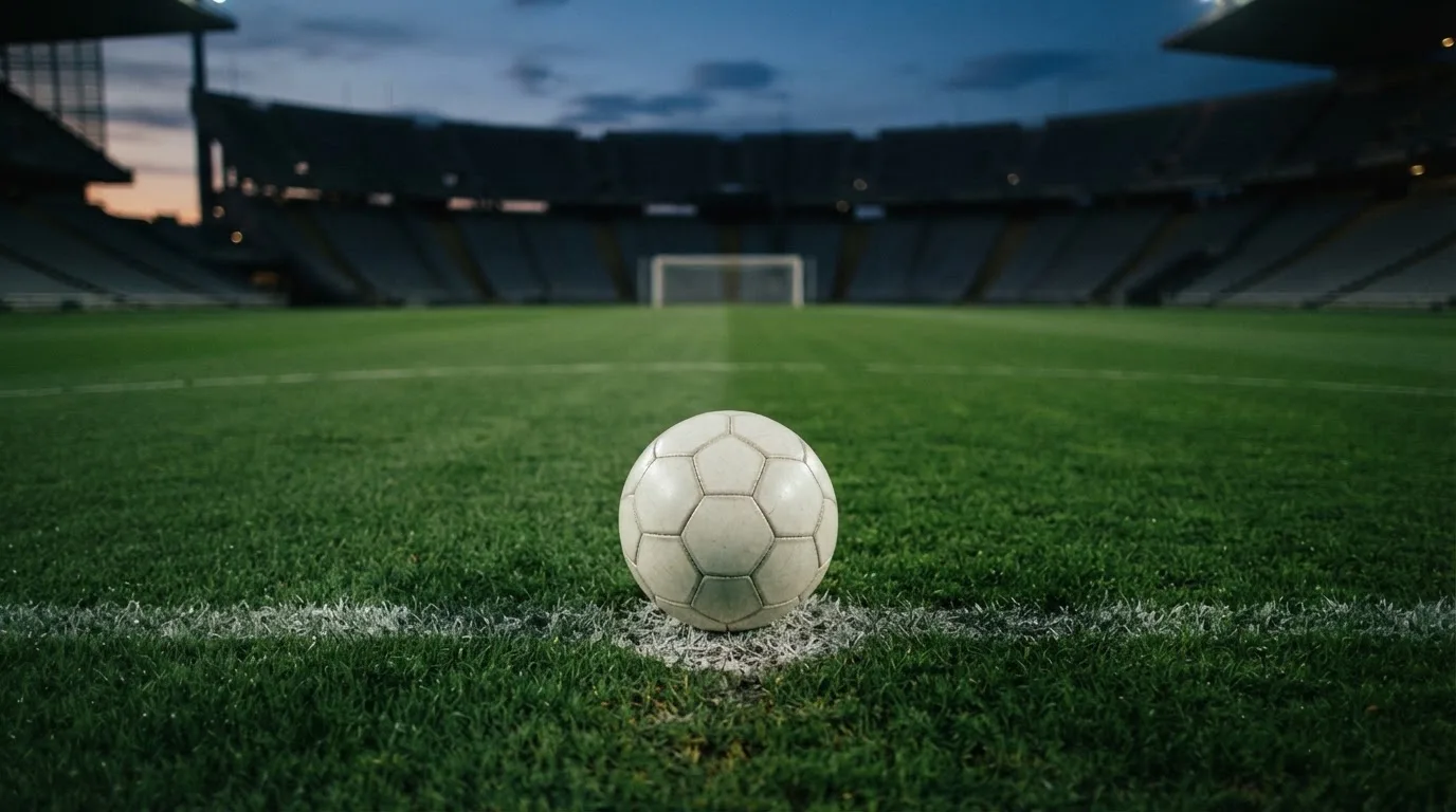 Ein Fußball liegt auf dem Anstoßpunkt eines leeren Rasenplatzes, dahinter ragen dunkle Ränge in den Abendhimmel.