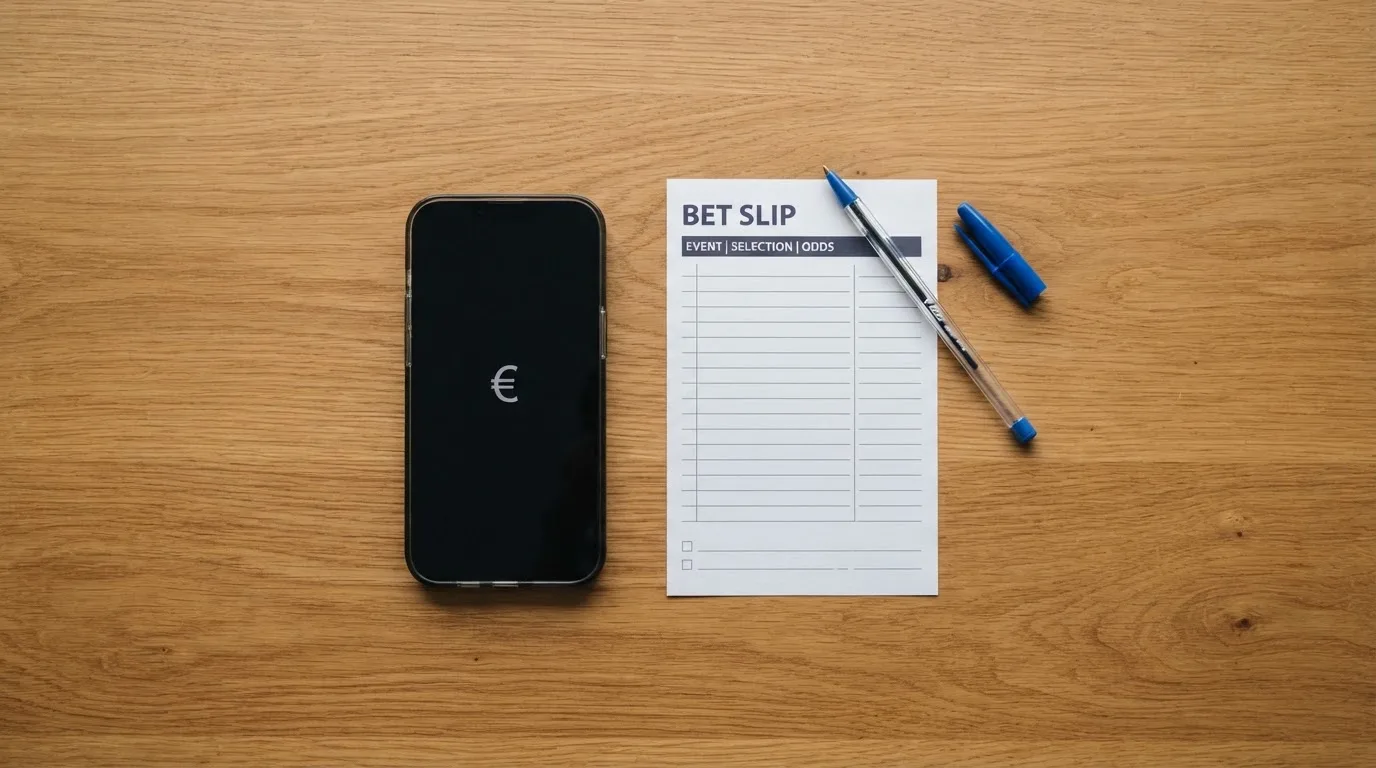 Ein Smartphone mit dunklem Display liegt neben einem leeren Papier-Wettschein und einem Stift auf einem Holztisch.