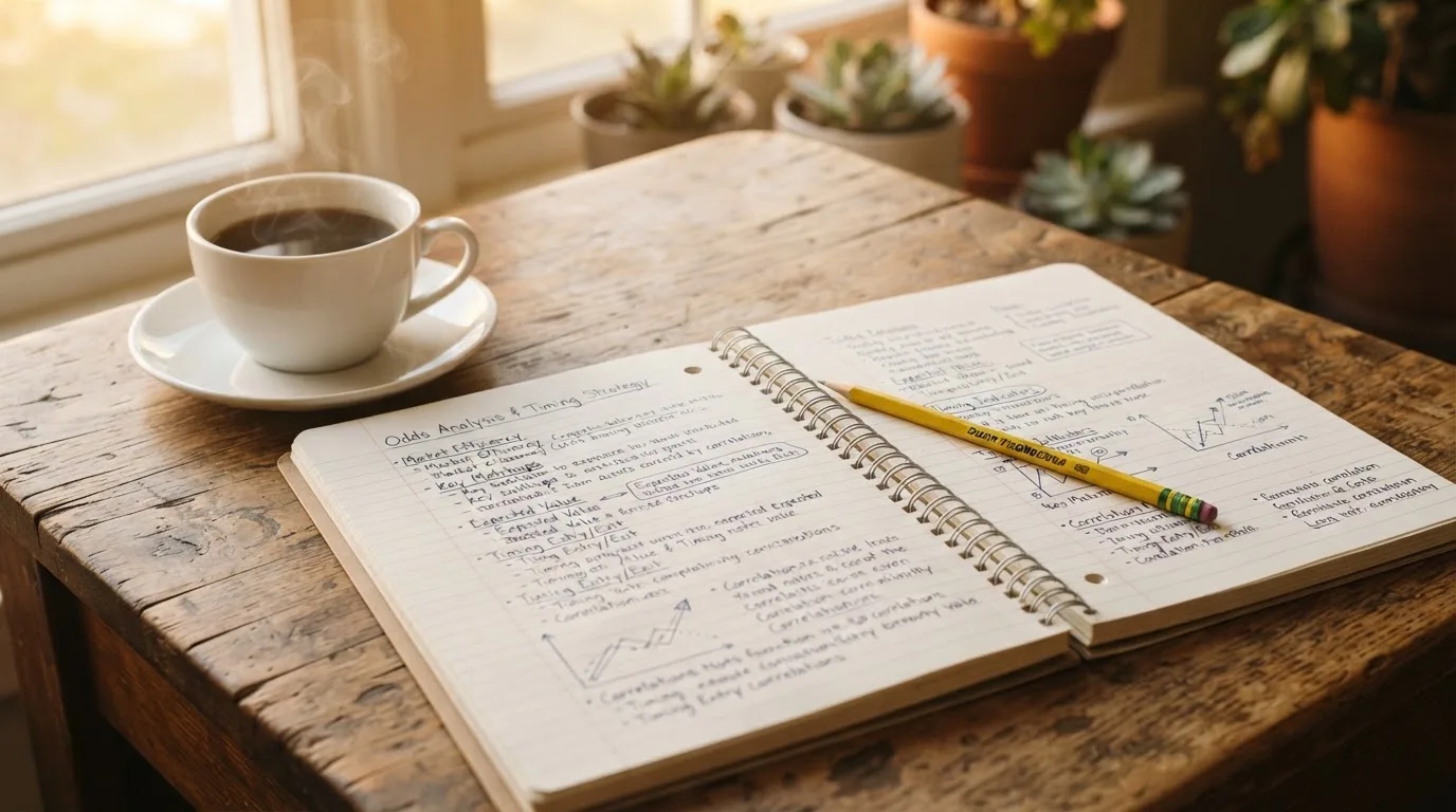 Ein Notizbuch mit handschriftlichen Notizen und einem Bleistift liegt auf einem Tisch, daneben steht eine Kaffeetasse im Morgenlicht.