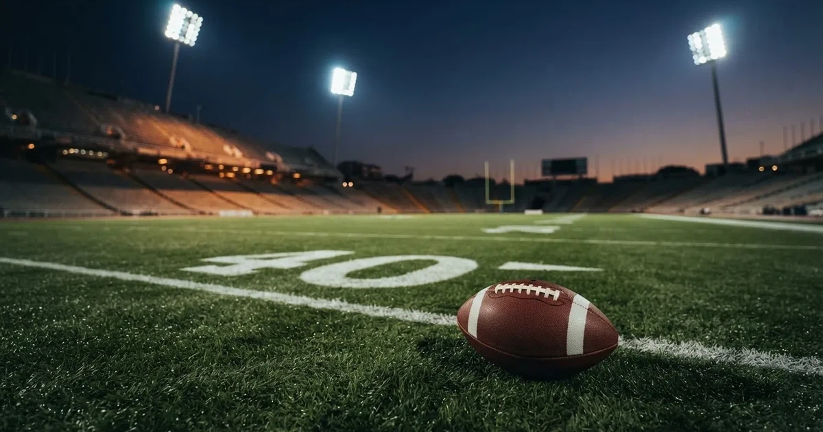 Ein American-Football-Ball liegt auf einem Rasenplatz unter Flutlicht, im Hintergrund eine große Tribüne in der Dämmerung.
