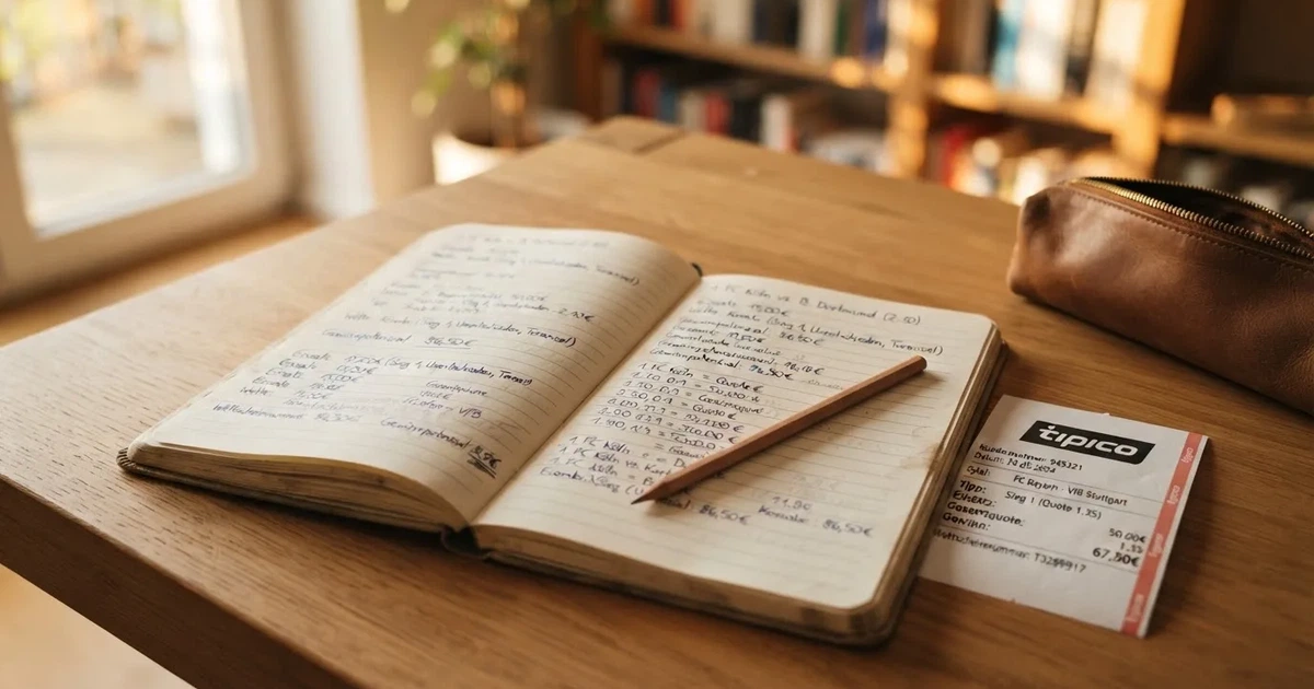 Ein Notizbuch mit handschriftlichen Notizen und einem Bleistift liegt neben einem Taschenrechner auf einem aufgeräumten Schreibtisch.