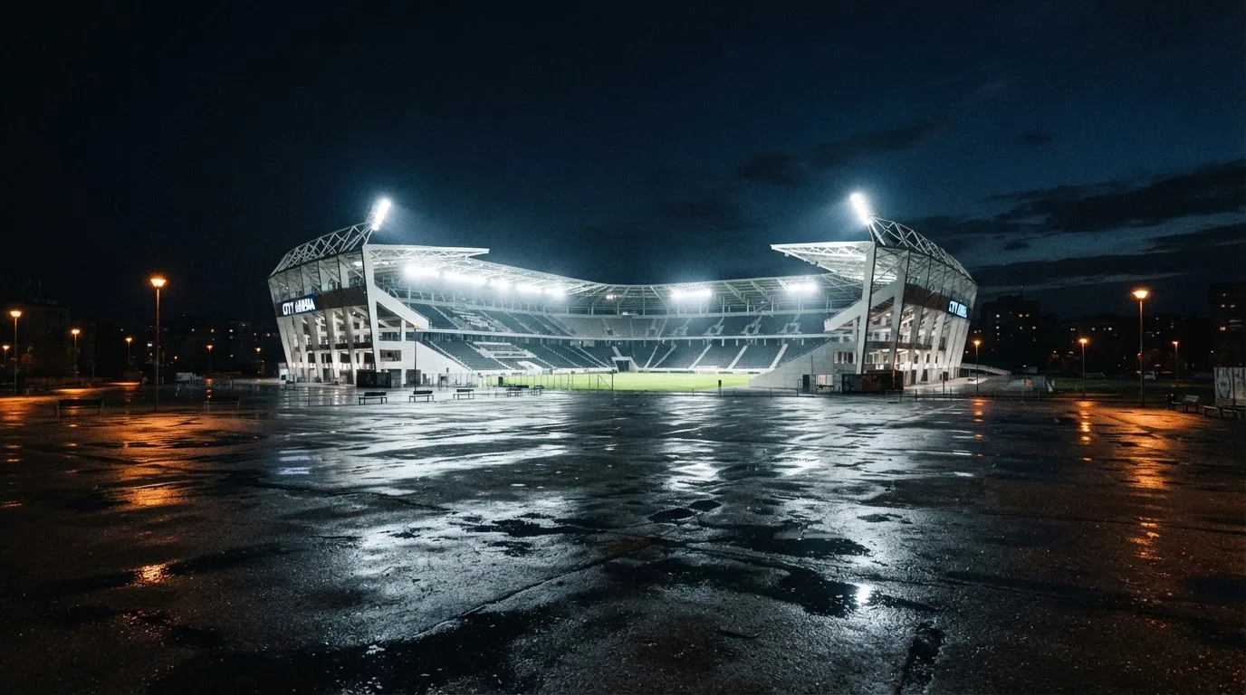 Ein Stadion unter Flutlicht von weitem betrachtet, davor ein stiller Platz bei Dunkelheit und feuchtem Asphalt.