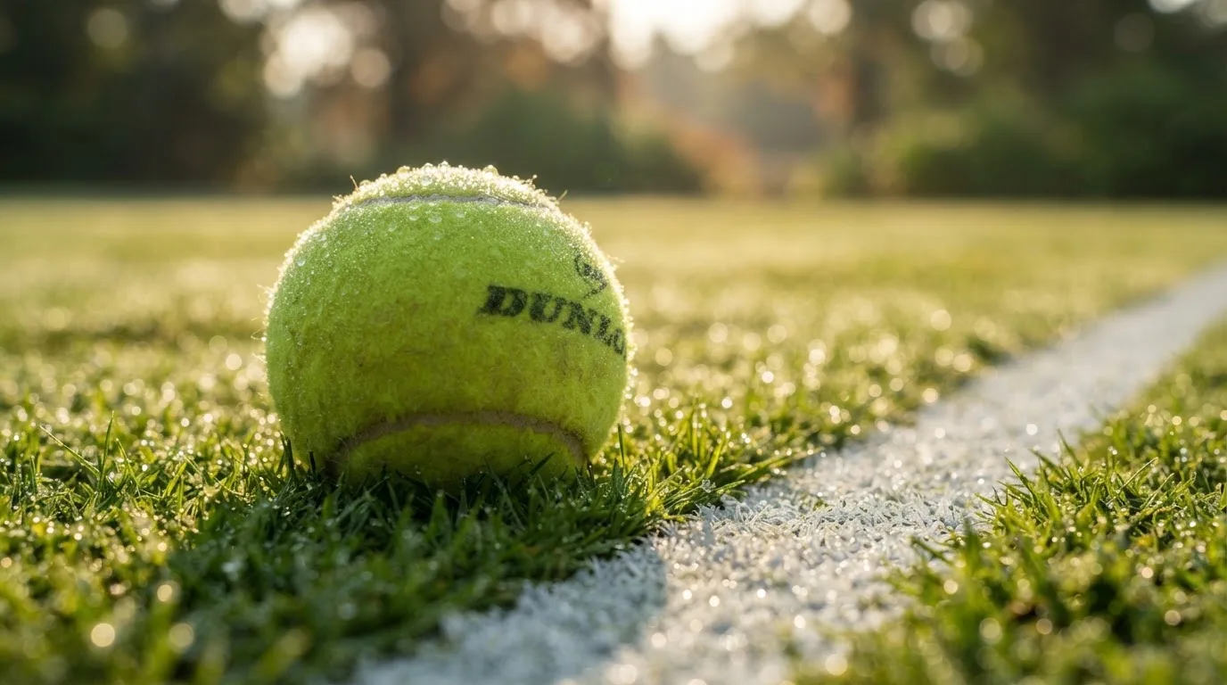 Ein Tennisball liegt auf frisch gemähtem Gras neben einer weißen Linie, Tautropfen glänzen im Gegenlicht.