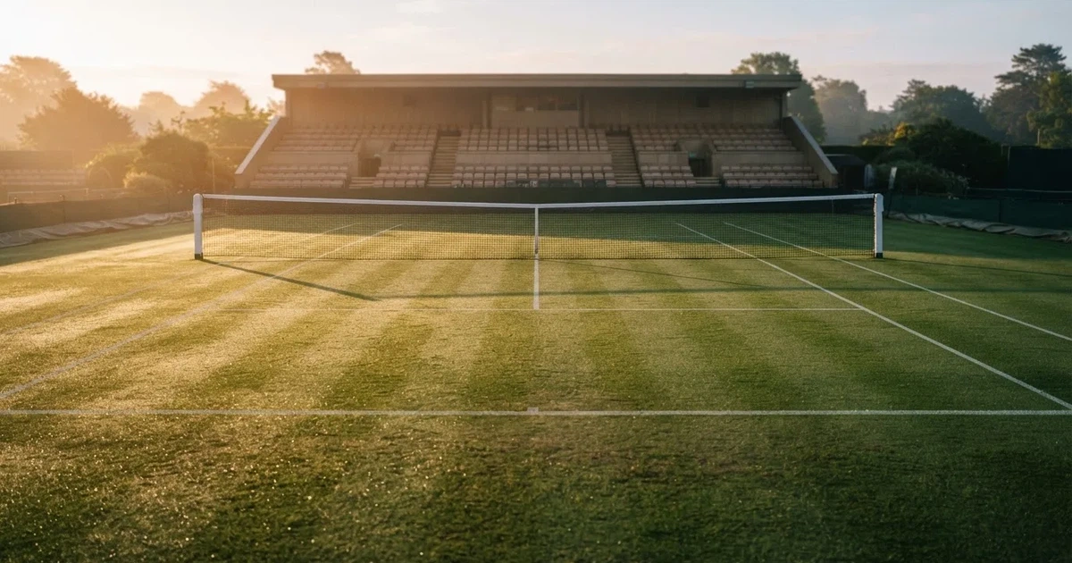 Ein Tennisplatz mit Rasenbelag im Morgenlicht, Netz und weiße Linien, im Hintergrund eine ruhige Tribüne.