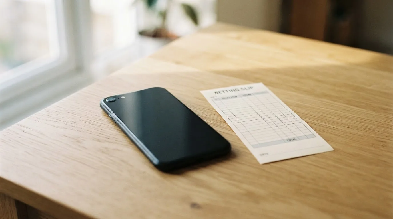 Ein Smartphone mit dunklem Display liegt neben einem leeren Papier-Wettschein auf einem Tisch am Fenster.