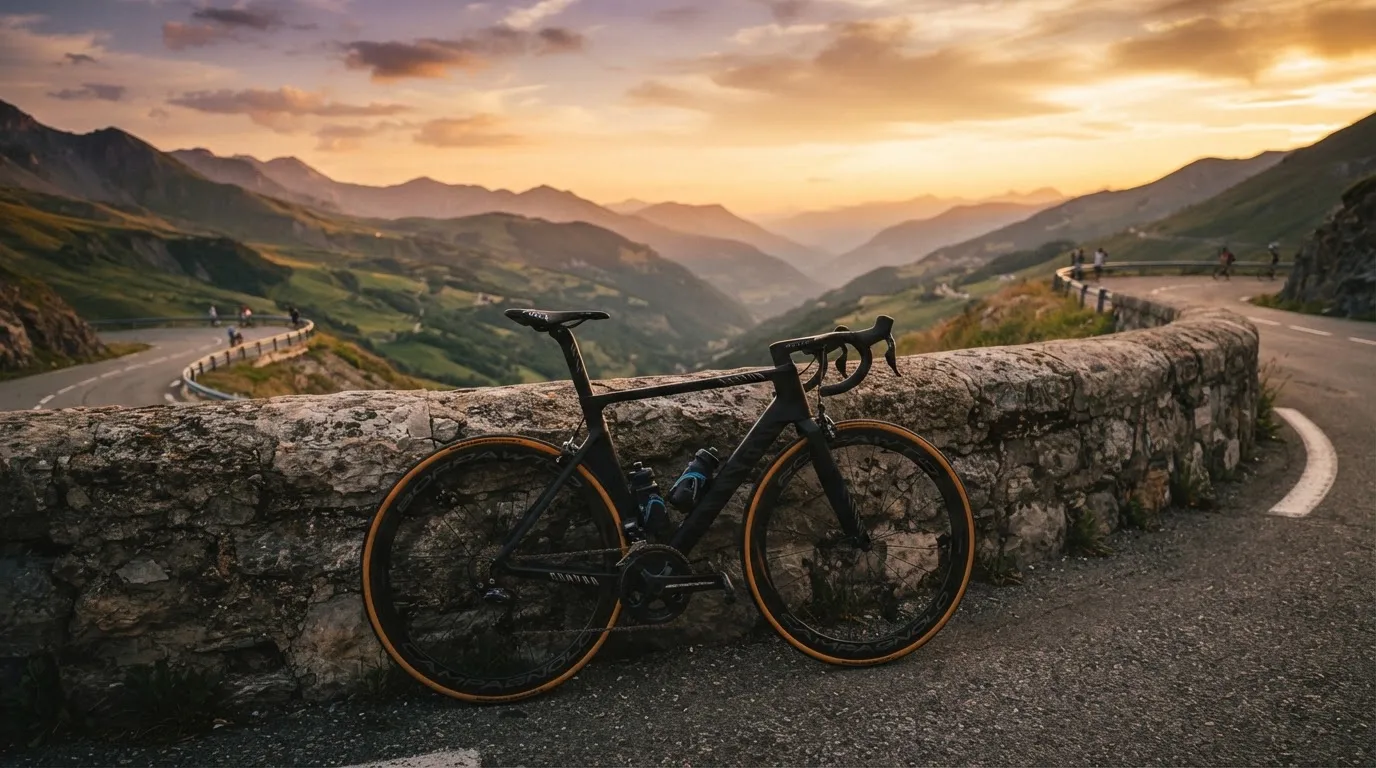 Ein Rennrad lehnt an einer Steinmauer in einer Bergkurve, im Hintergrund eine weite Hügellandschaft im Gegenlicht.