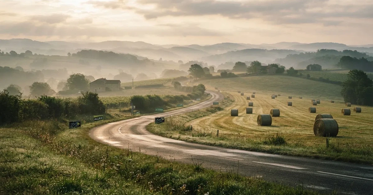 Eine Landstraße schlängelt sich durch Hügel im Morgennebel, am Straßenrand liegen Heuballen auf einem abgemähten Feld.