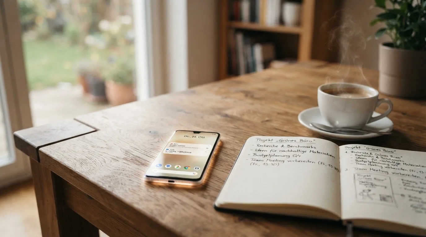 Ein Smartphone liegt auf einem Tisch neben einem Notizbuch mit handschriftlichen Notizen und einer Tasse Kaffee.