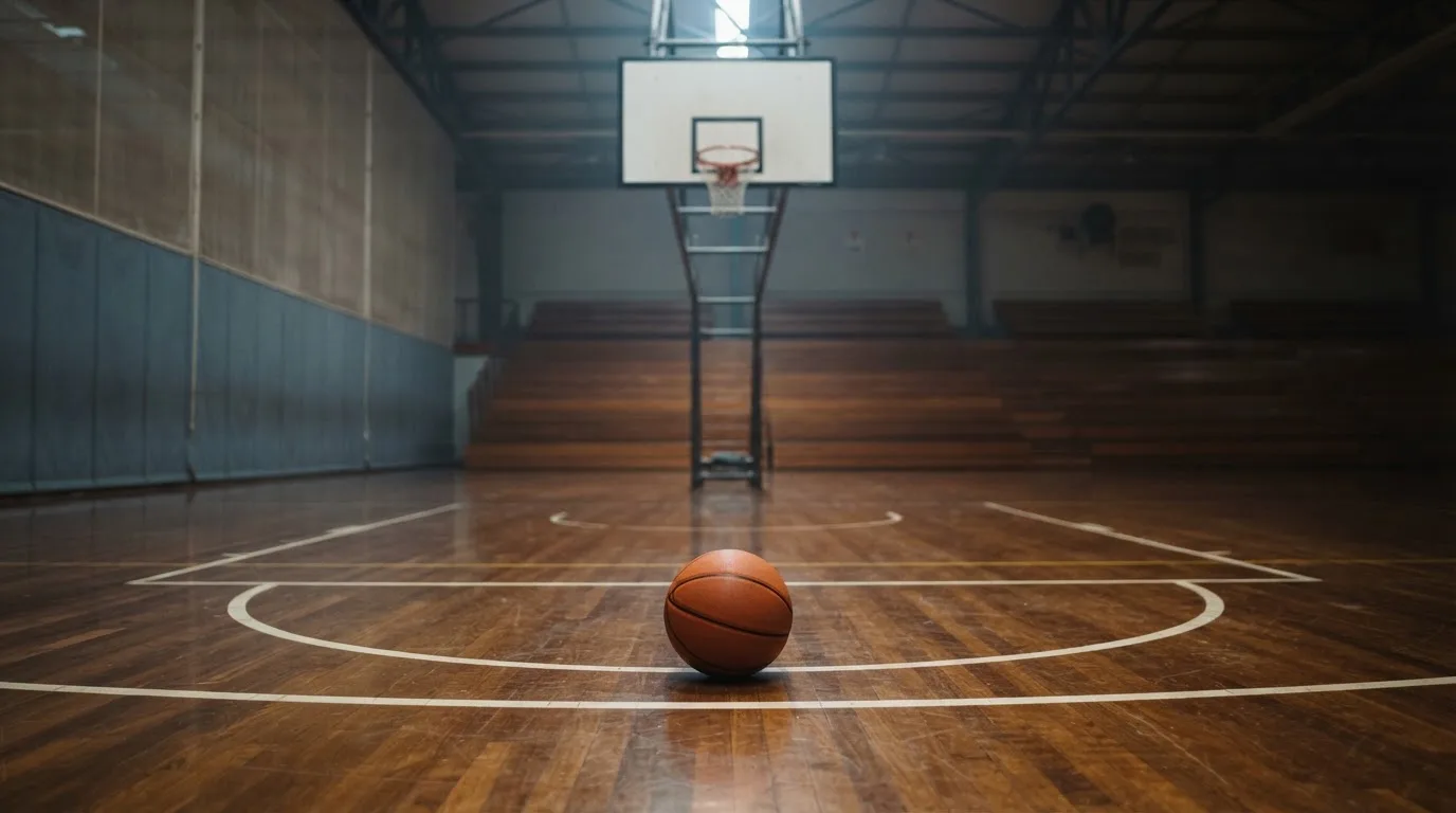 Ein Basketballkorb in einer leeren Halle, der Ball liegt unter dem Brett auf dem Parkett.