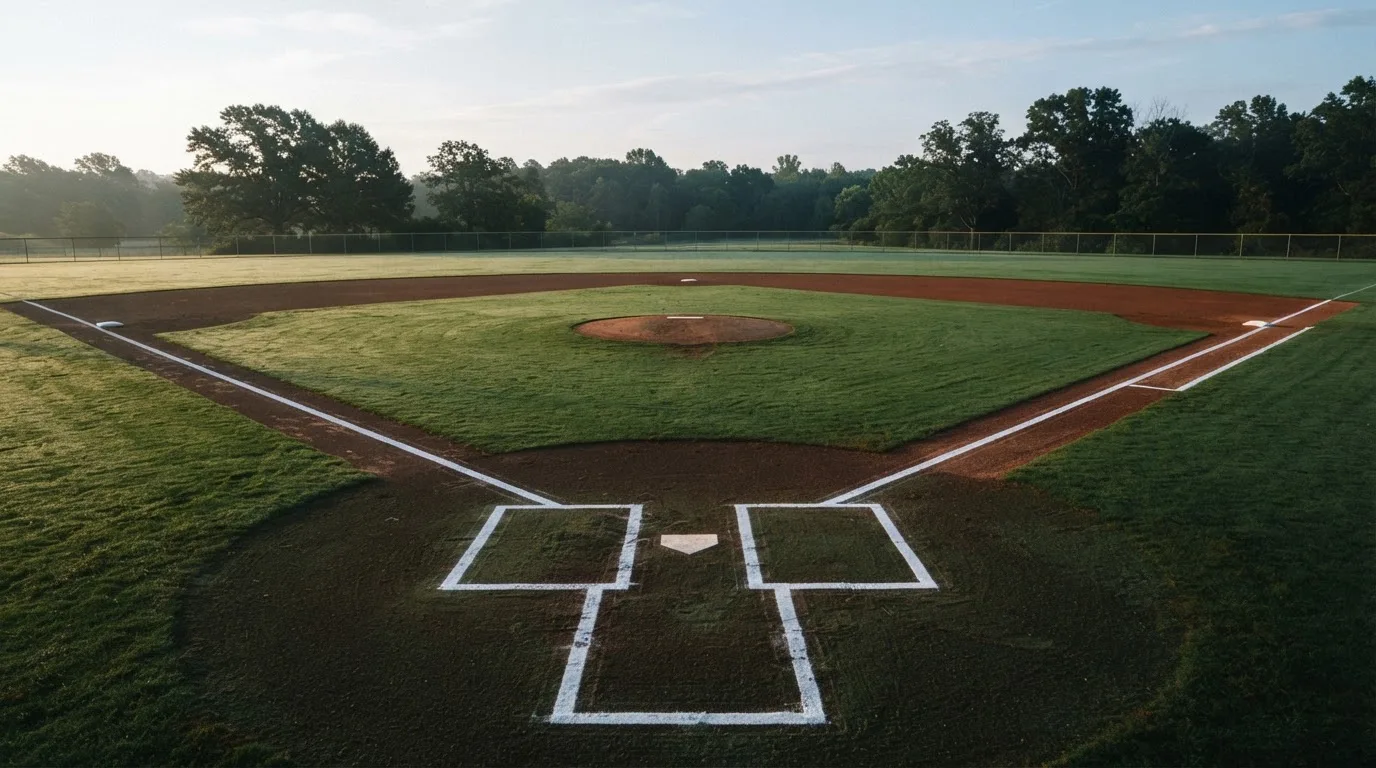 Ein Baseballfeld mit leerem Infield im Morgenlicht, die Linien frisch gezogen, keine Spieler im Bild.