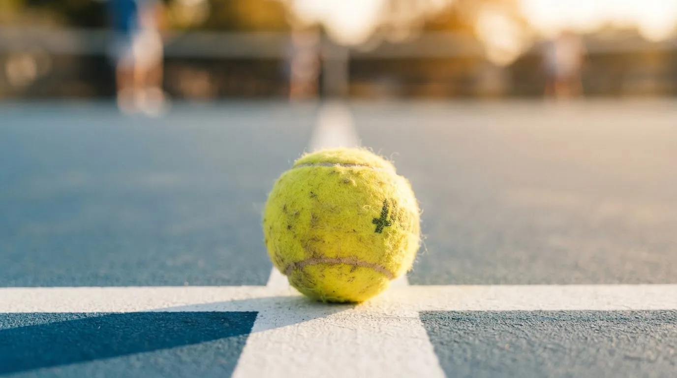 Ein Tennisball liegt in Nahaufnahme auf einer Grundlinie, dahinter verschwimmt ein leerer Platz in warmem Licht.