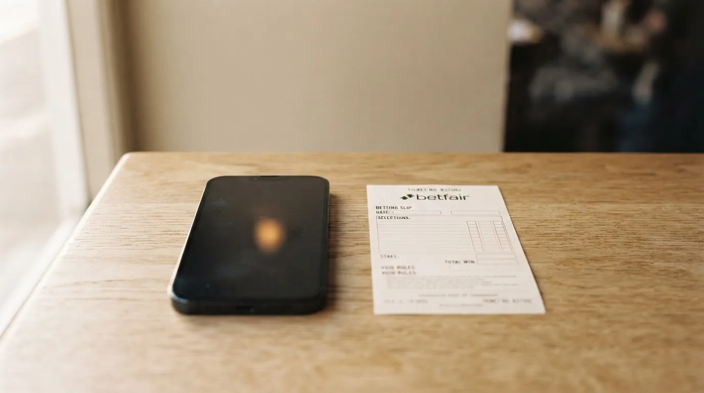 Ein Smartphone mit dunklem Display liegt neben einem leeren Papier-Wettschein auf einem Tisch, Licht fällt von der Seite.