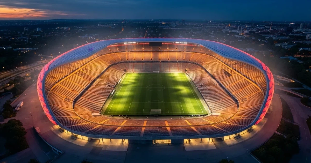 Ein riesiges Stadion in der Abenddämmerung aus der Vogelperspektive gesehen, die Lichter an den Rängen sind eingeschaltet.