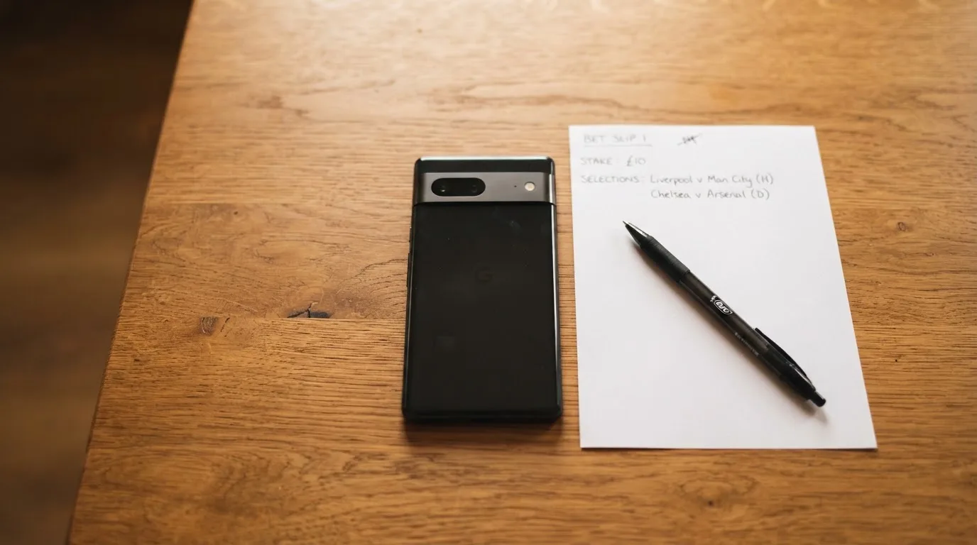 Ein Smartphone liegt mit dunklem Display neben einem leeren Papier-Wettschein und einem Stift auf einem Holztisch.