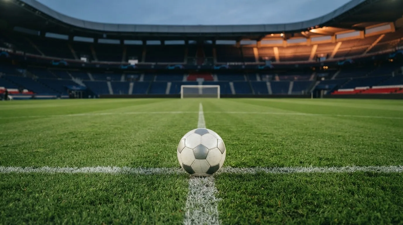Ein Fußball liegt auf dem Anstoßpunkt eines Rasenplatzes, dahinter eine leere Tribüne im Abendlicht.