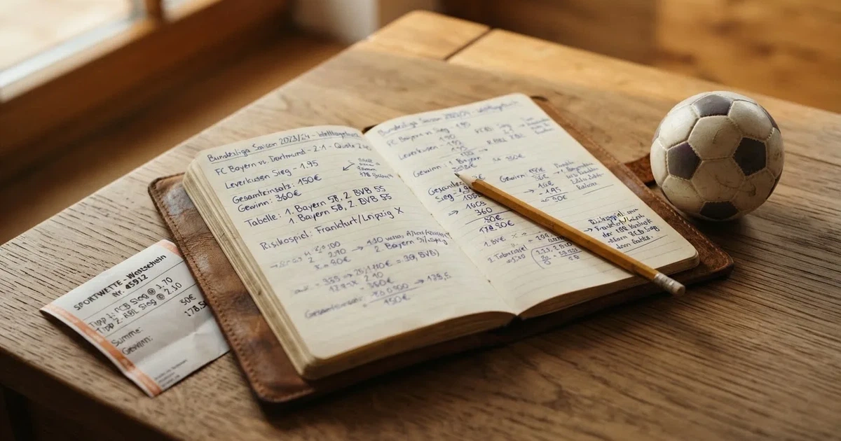 Ein Notizbuch mit handschriftlichen Notizen und einem Bleistift liegt auf einem Holztisch, daneben ein kleiner Fußball im Tageslicht.