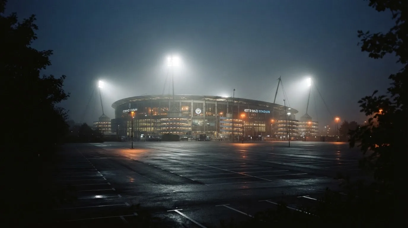 Ein Stadion unter Flutlicht aus der Ferne gesehen, davor ein stiller Parkplatz bei Nebel.
