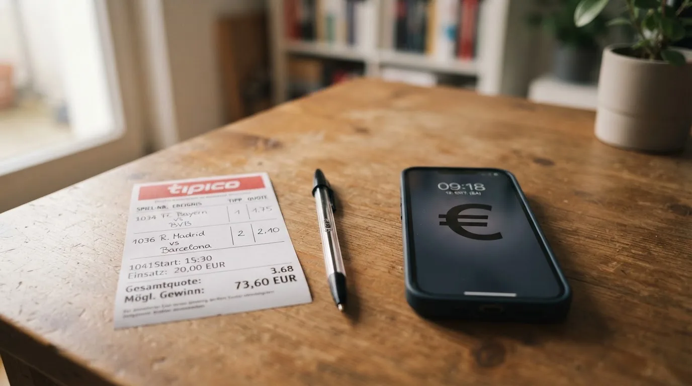 Ein leerer Papier-Wettschein und ein Kugelschreiber liegen neben einem Smartphone mit dunklem Display auf einem Schreibtisch am Fenster.