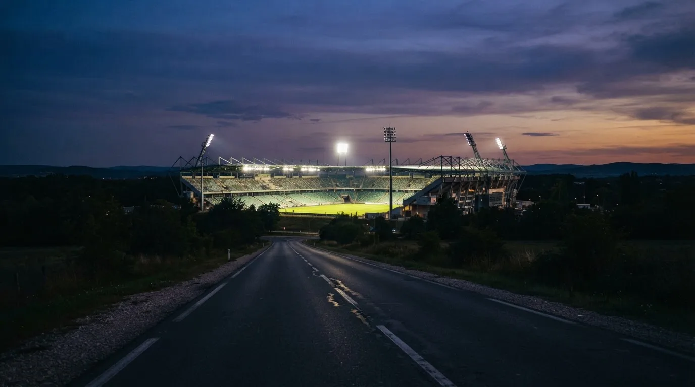 Ein Stadion unter Flutlicht aus großer Entfernung, davor eine leere Straße in der Abenddämmerung.