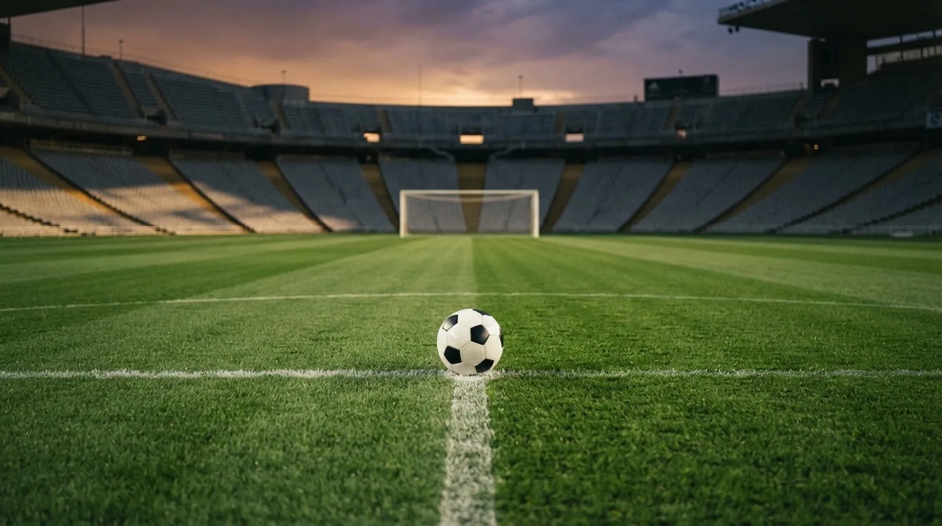 Ein Fußball liegt auf dem Anstoßpunkt eines Rasenplatzes, dahinter eine leere Tribüne im Abendlicht.