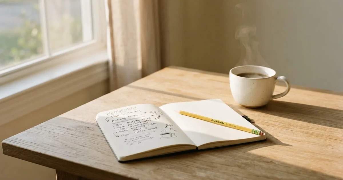 Eine Kaffeetasse, ein Notizbuch mit handschriftlichen Notizen und ein Bleistift auf einem hellen Schreibtisch am Morgen.