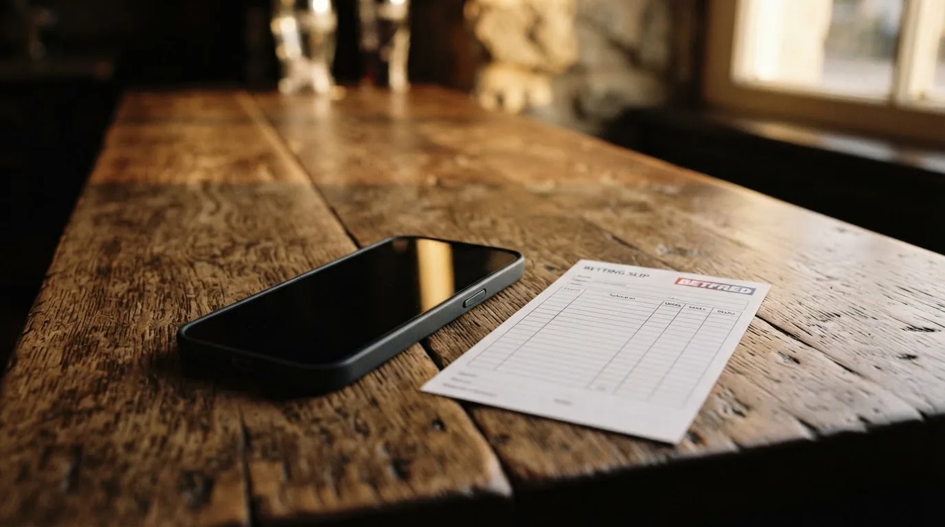 Ein Smartphone mit dunklem Display liegt neben einem leeren Papier-Wettschein auf einem Holztisch, Licht fällt von der Seite.