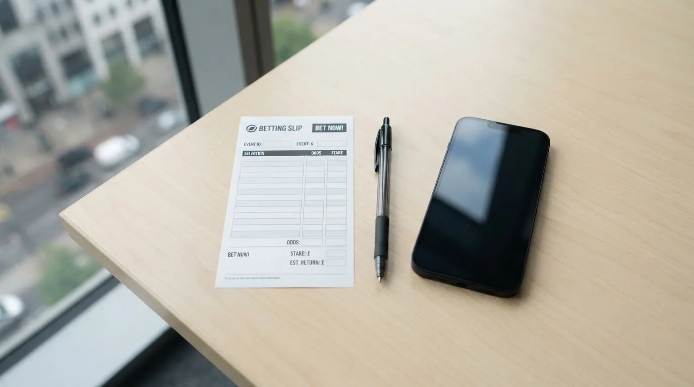 Ein leerer Papier-Wettschein und ein Kugelschreiber liegen neben einem Smartphone mit dunklem Display auf einem Schreibtisch am Fenster.