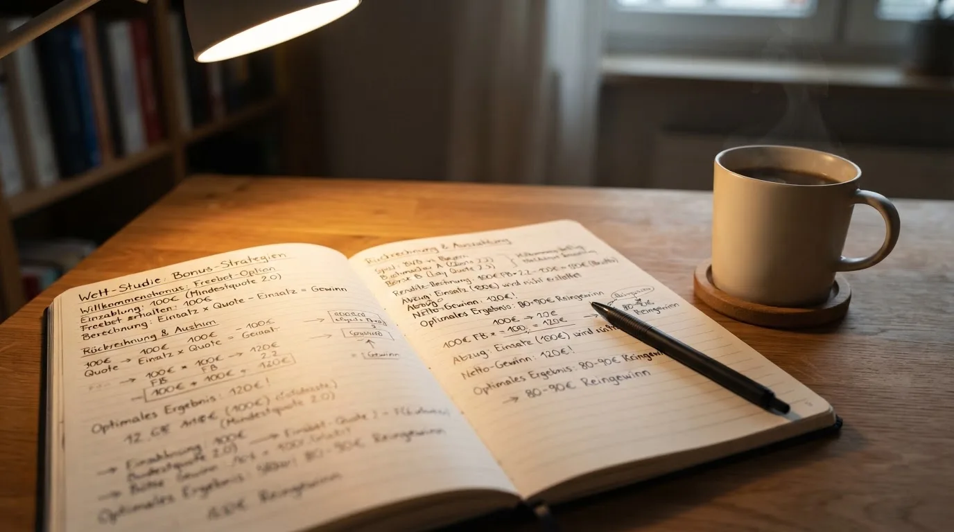Ein Notizbuch mit handschriftlichen Notizen und ein Taschenrechner stehen auf einem Schreibtisch, daneben eine Tasse.