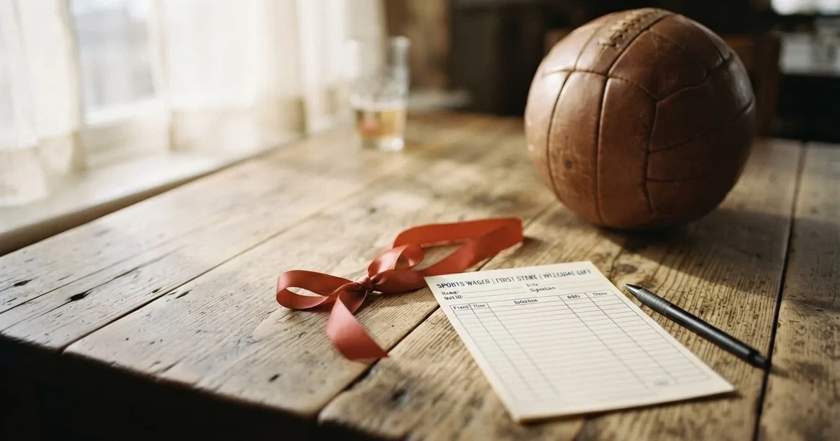Ein kleines Geschenkband liegt neben einem Fußball und einem leeren Papier-Wettschein auf einem Holztisch im Tageslicht.