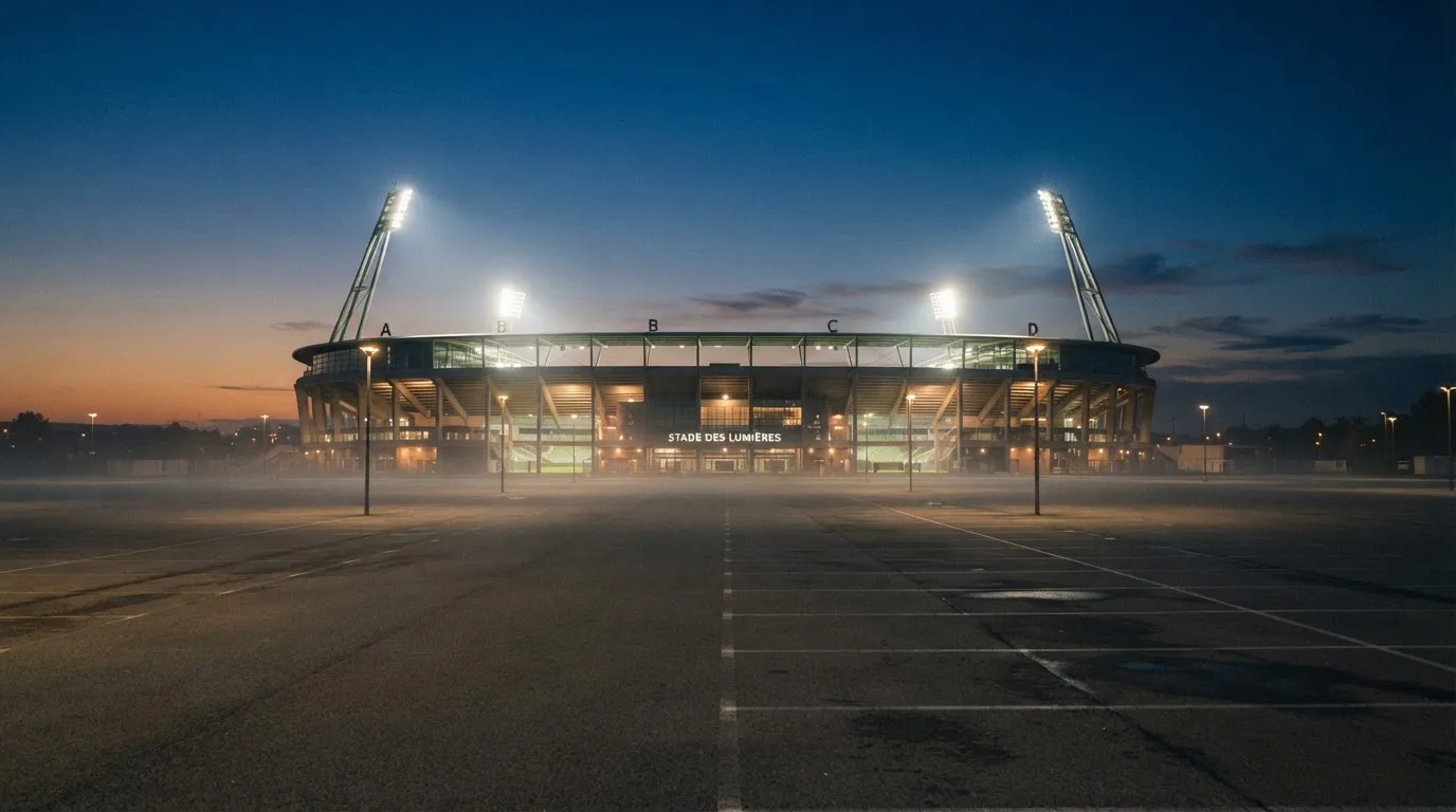 Ein Stadion unter Flutlicht aus der Ferne gesehen, davor ein leerer Parkplatz im Dunst.