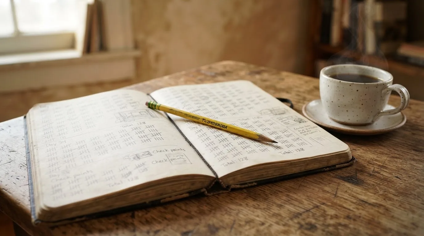 Ein Notizbuch mit handgeschriebenen Strichlisten liegt neben einem Bleistift und einer Kaffeetasse auf einem Holztisch.