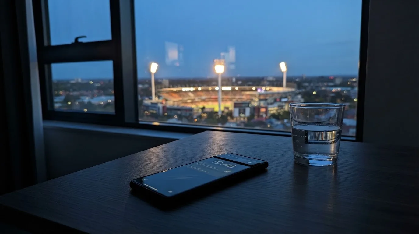 Ein Smartphone mit dunklem Display liegt auf einem Schreibtisch neben einem Glas Wasser, im Fenster dahinter ein Stadion im Dämmerlicht.