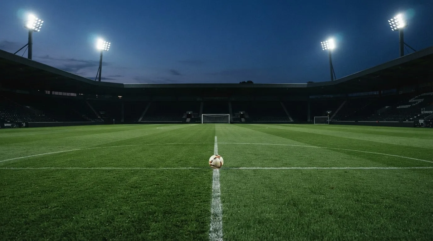 Ein Fußball liegt auf dem Mittelkreis eines leeren Rasenplatzes unter Flutlicht am frühen Abend, die Tribünen sind nur schemenhaft zu erkennen.