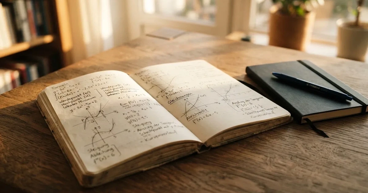 Ein aufgeschlagenes Notizbuch mit handgezeichneten Kurven und Strichen liegt neben einem Taschenrechner auf einem Schreibtisch im Morgenlicht.