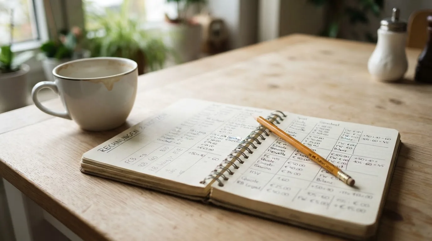 Ein Notizbuch mit handschriftlichen Zahlenreihen und ein Bleistift liegen auf einem Küchentisch neben einer Tasse.